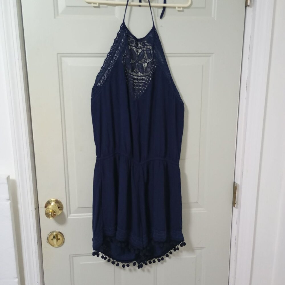American Eagle Outfitters Lace Detail Navy Blue Halter Romper Shorts Size L Wome